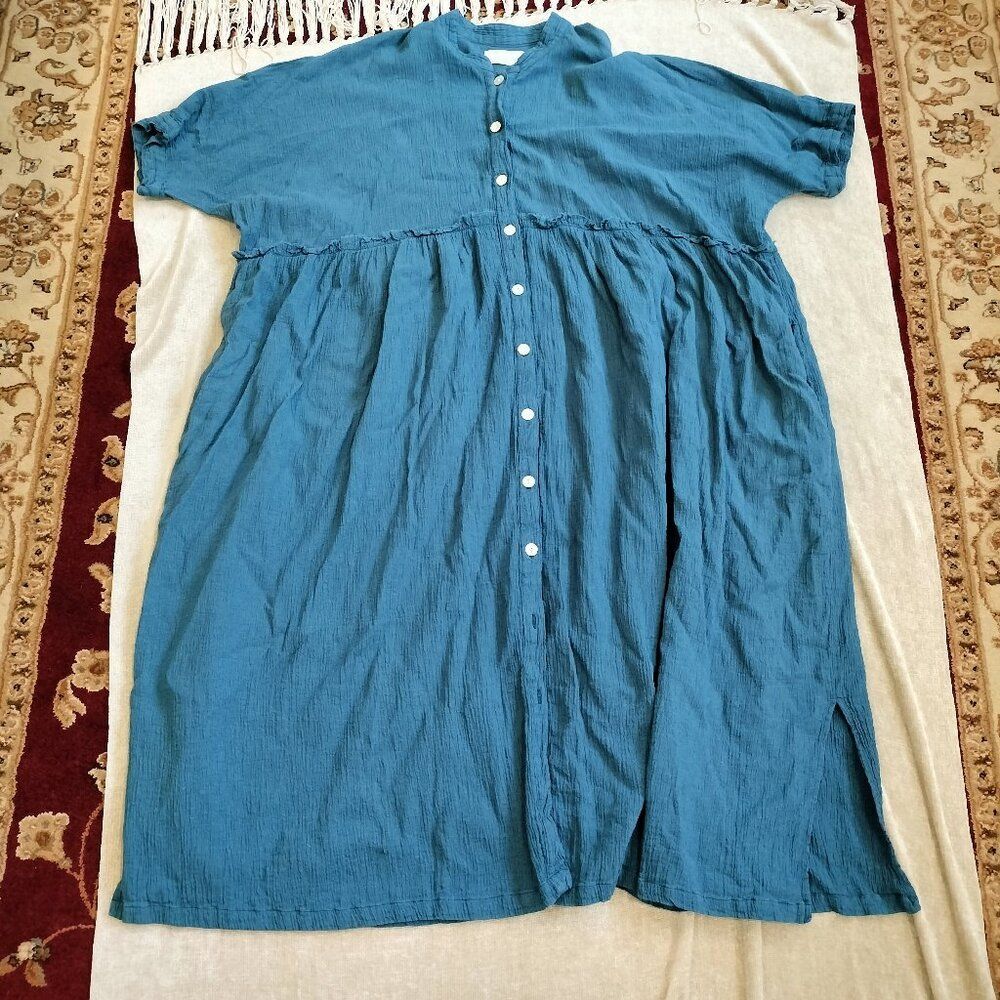 Myrah Peneloza Blue Linen Blend Baby Doll Empire Waist Button Front Dress